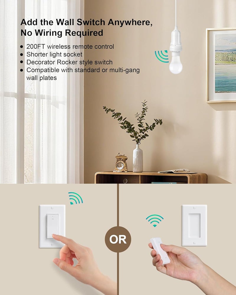 treewell Remote Control Light Bulb Socket, Decorator Rocker Wall Switch, 200FT Range Wireless Light Switch for Pull Chain Light Fixture, E26 E27 Base, No Wiring Needed (1 Wall Switch and 2 Sockets) - Image 2